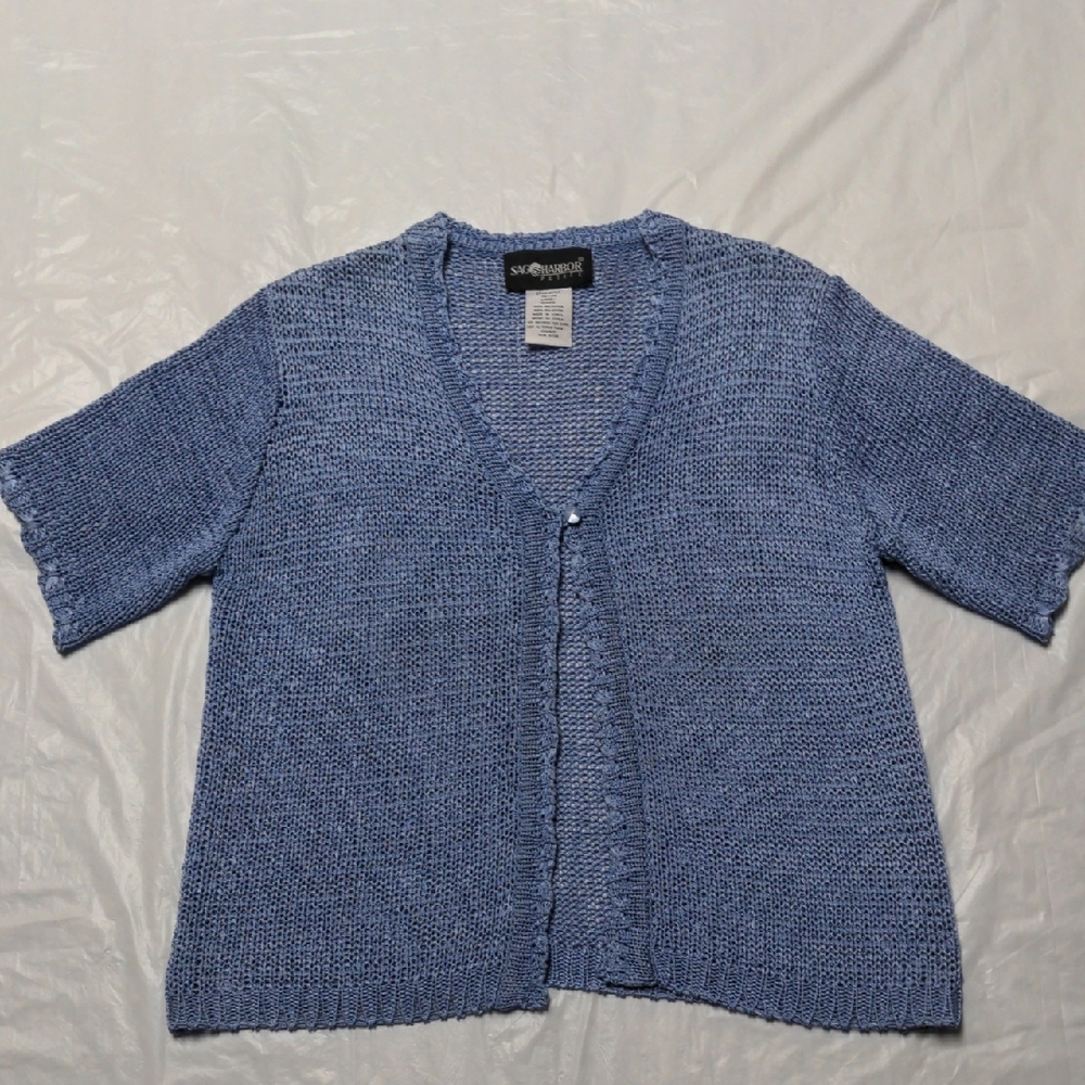 Sag Harbor Vintage 90s Blue Knit Crochet Grannycore Cottagecore Top Sz Lg